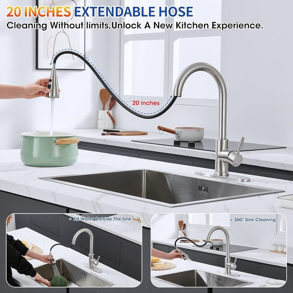 Kitchen Faucets with Pull Down Sprayer, Brushed Nickel High Arc Single Handle Stainless Steel Sink Faucet for 1 or 3