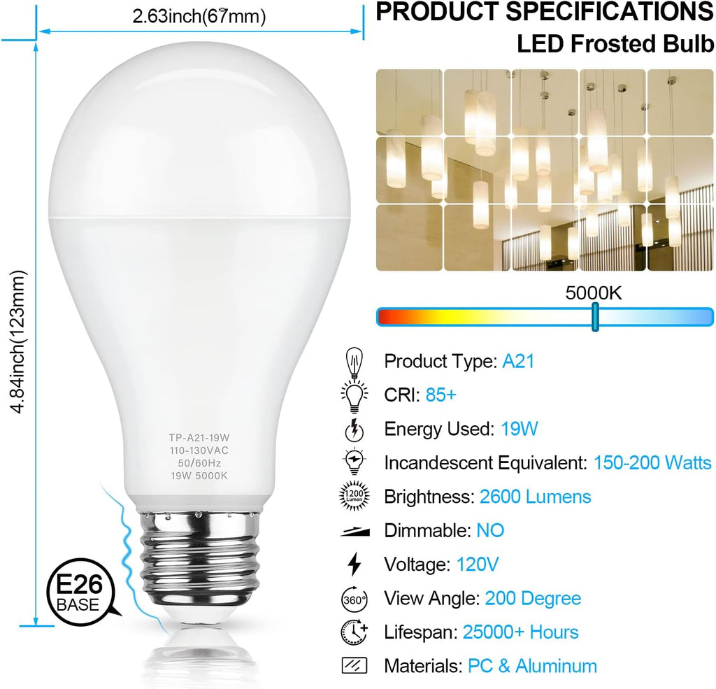 A21 LED Light Bulbs 150W Equivalent 5000K Daylight White, 6-Pack