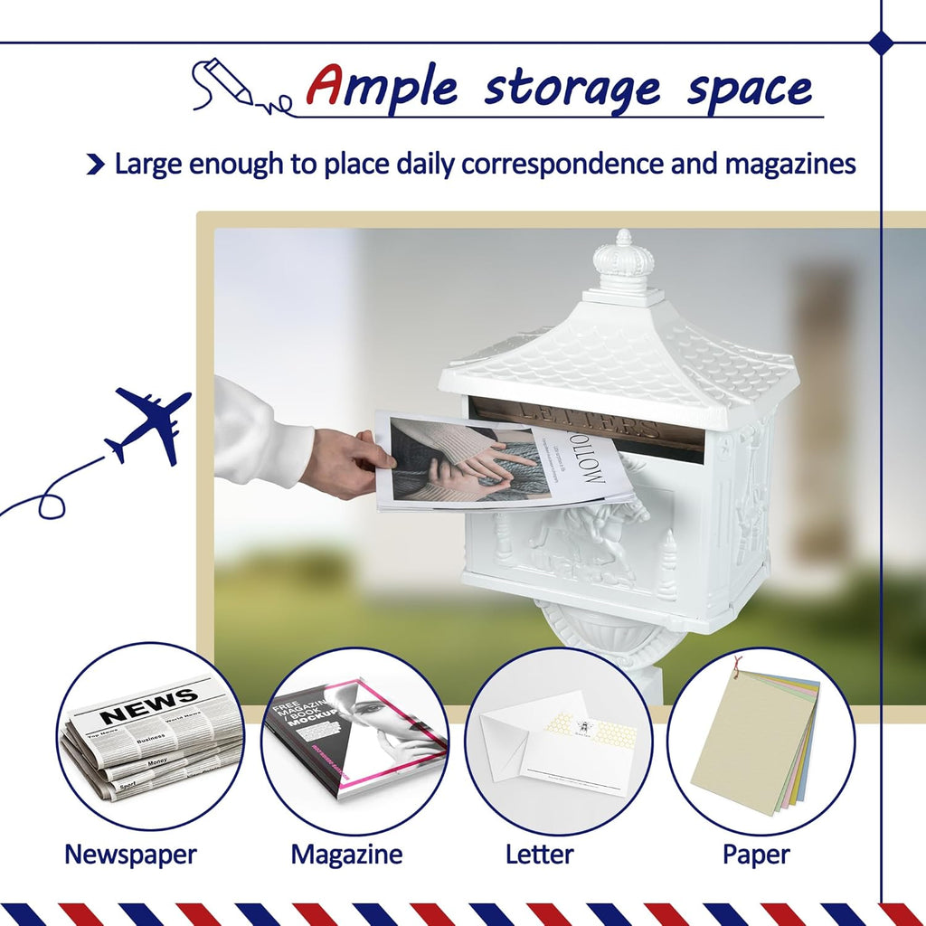 Cast Aluminum Mailbox, White Lockable Postal Box with Keys, Heavy Duty Vertical Letter Box Yard