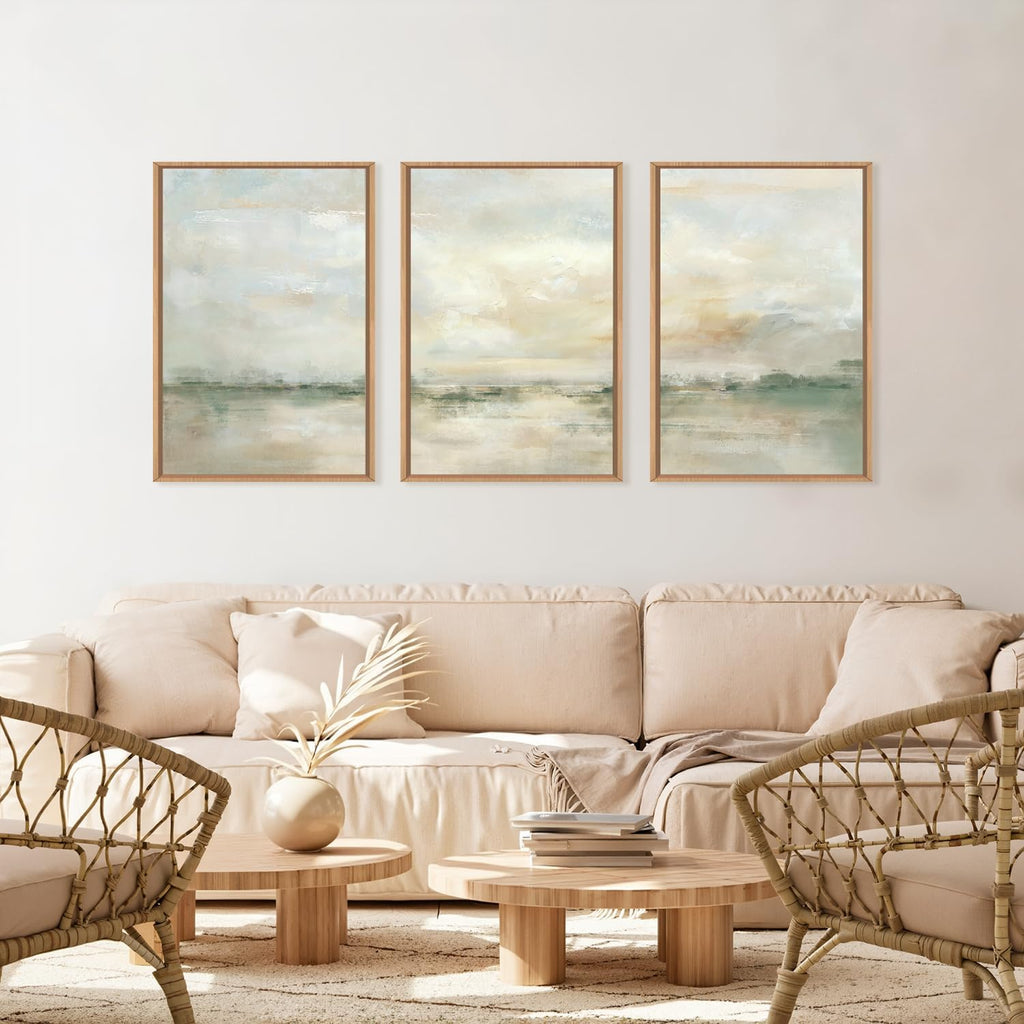 Large Abstract Green Gray Pastel Framed Canvas Wall Art,Neutral Landscape Wall Decor,Modern Watercolor Lake