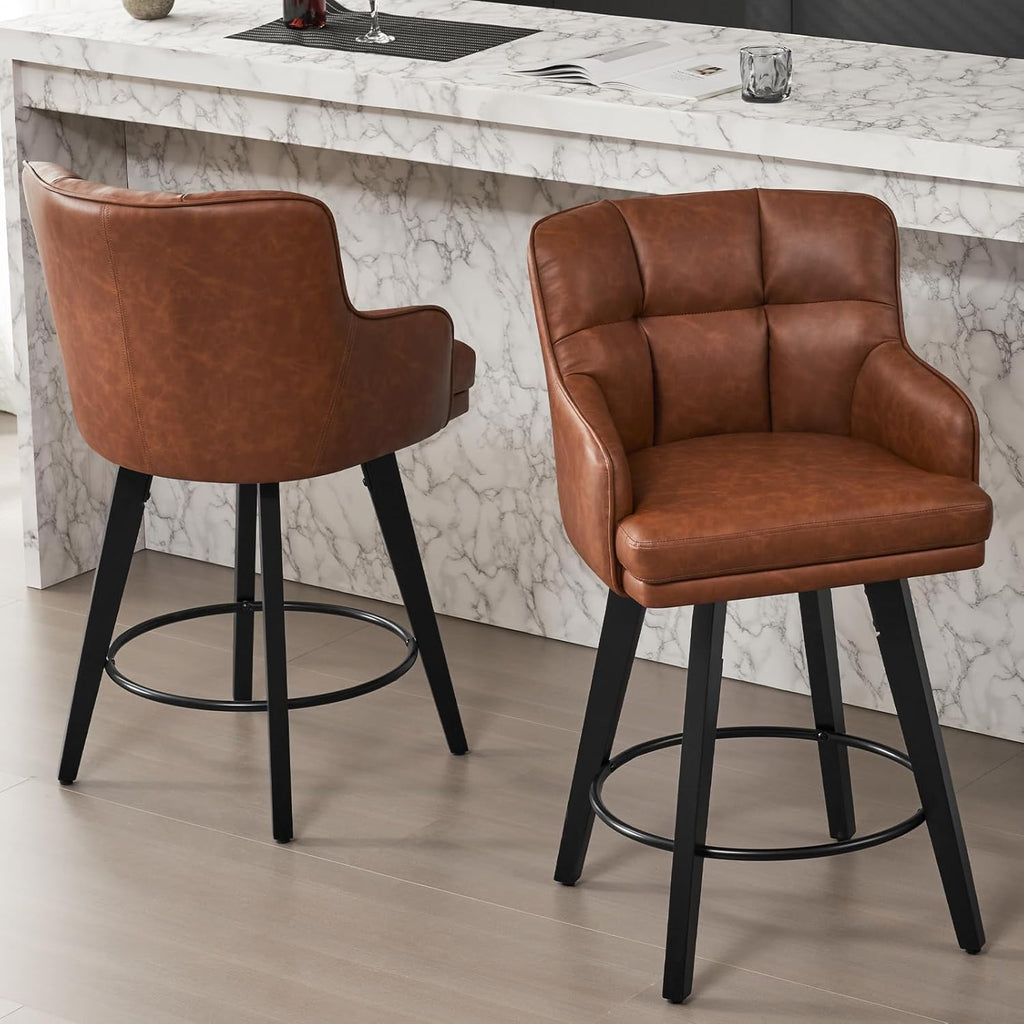 360°Swivel Counter Height Bar Stools with Back, 26 inch Solid Wood Legs, Bar Stool Modern Kitchen Island Chairs, Faux