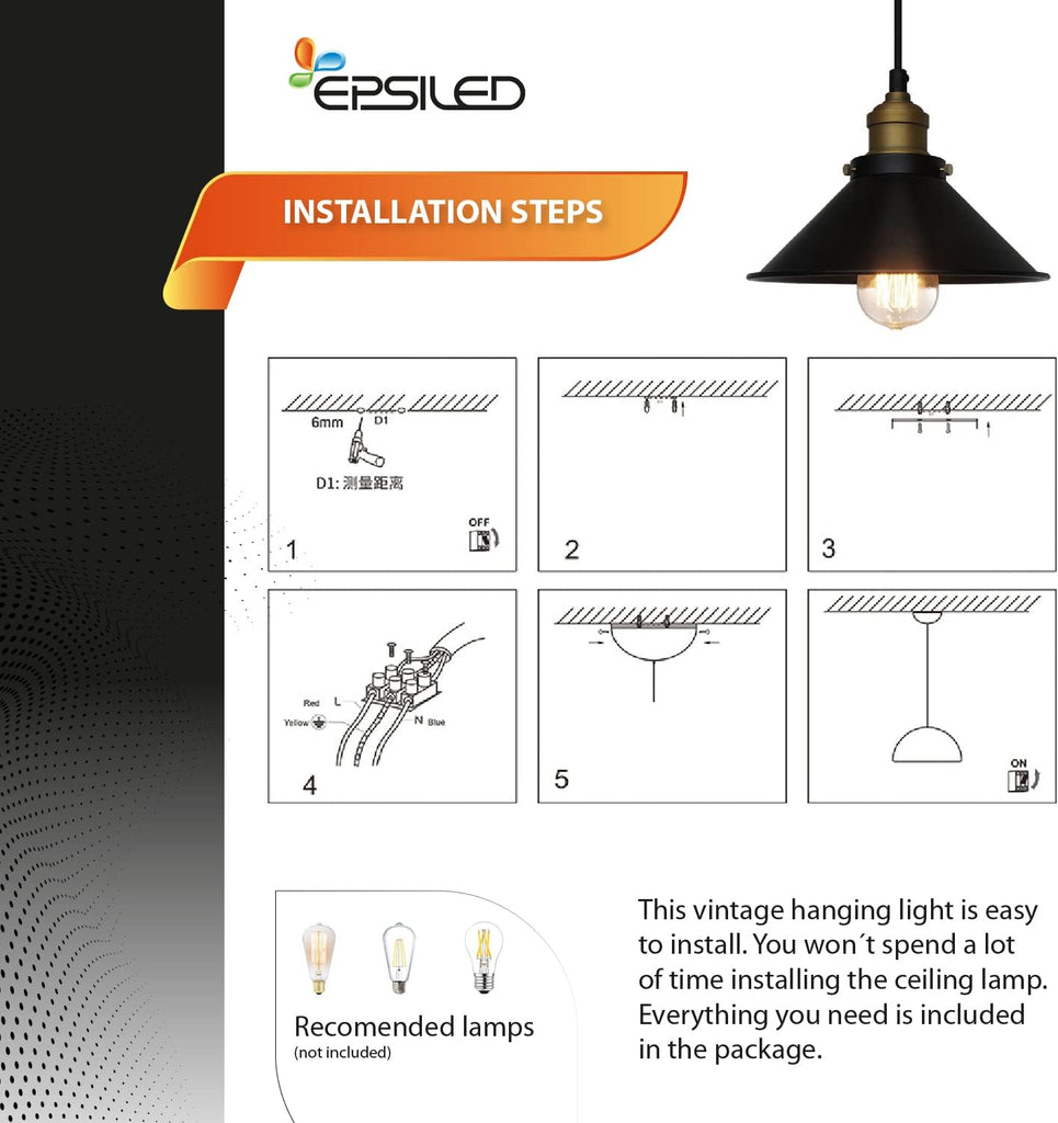 Black Industrial Pendant Light, 9.84" Vintage Hanging Light Fixture, E27 Ceiling Lamp for Kitchen Island, Dining Room