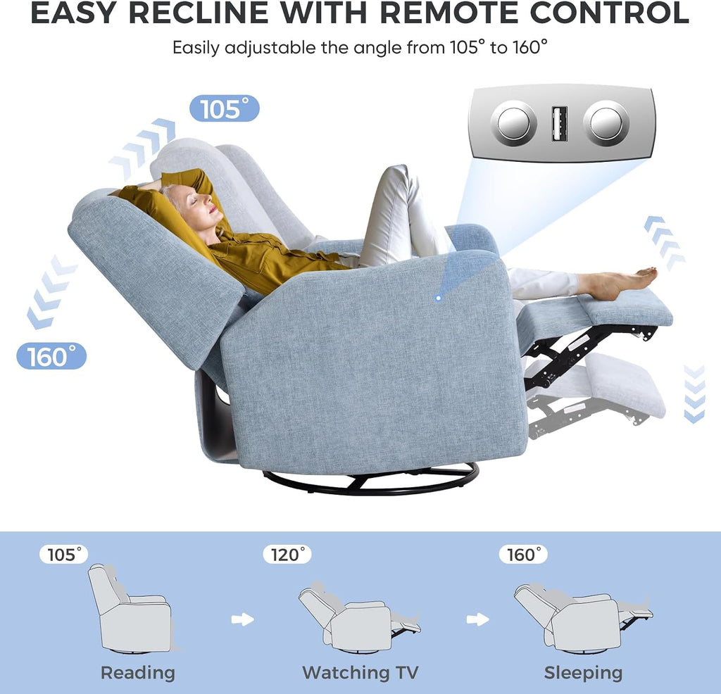 Large Power Recliner Chair Swivel Glider with Ottoman, Blue | Chenille Nursery Glider with USB Charging Port & Lumbar