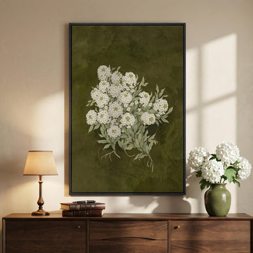 Large Framed Vintage Green Floral Wall Art, Vertical Modern Farmhouse Nature Olive Green Flower Canvas Painting