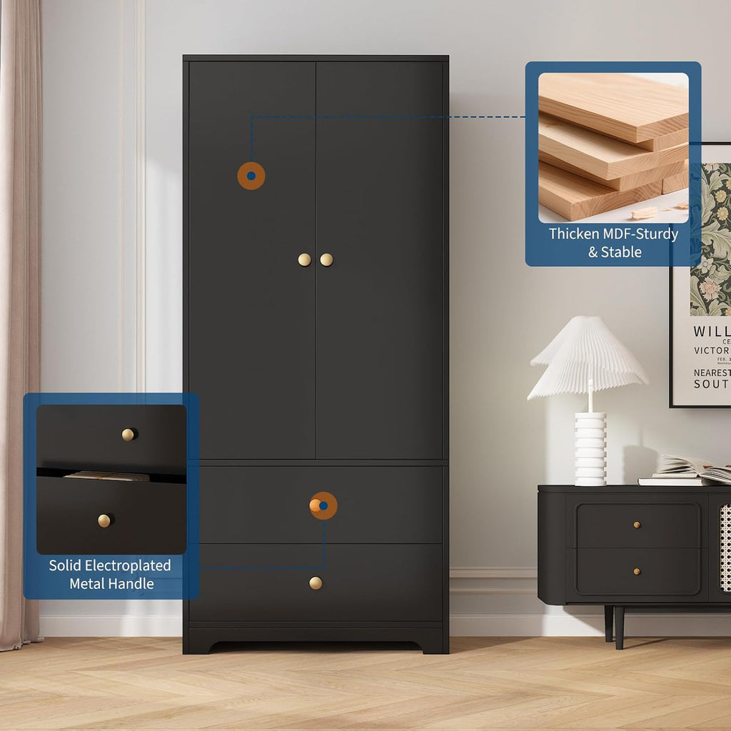 71" Armoire Wardrobe Closet, Modern Wooden Bedroom Armoire with 2 Drawers & 2 Doors and Adjustable Shelves,Clothing