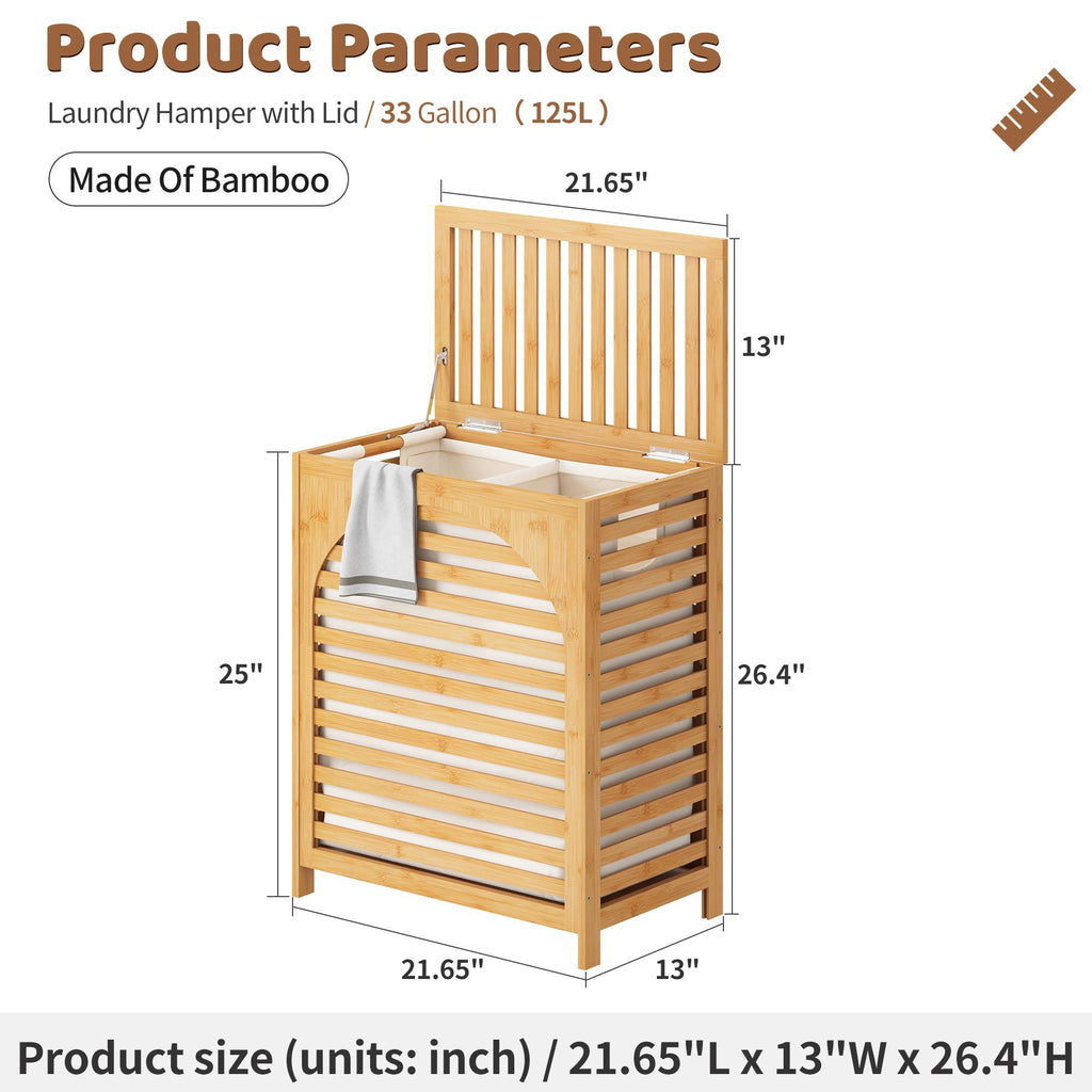 Laundry Hamper with Lid, Bamboo with Handles and Removable Liner Bag, 125L Laundry Basket & Laundry Room (Natural)