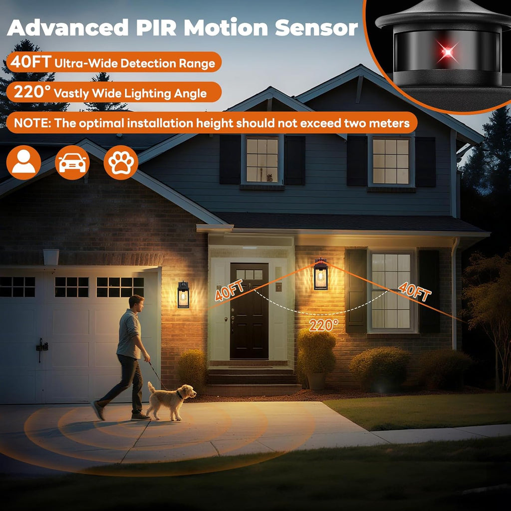 Motion Sensor Outdoor Lights Fixture, Dusk to Dawn Exterior Porch Light Wall Mount with Water-Rippled Glass