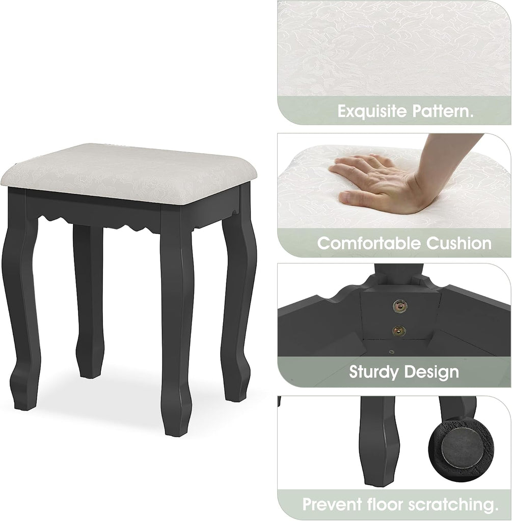 Vanity Desk with Mirror and Lights, Makeup Table with Cushioned Stool Set | Modern Vanity with 4 Drawers, 3 Color
