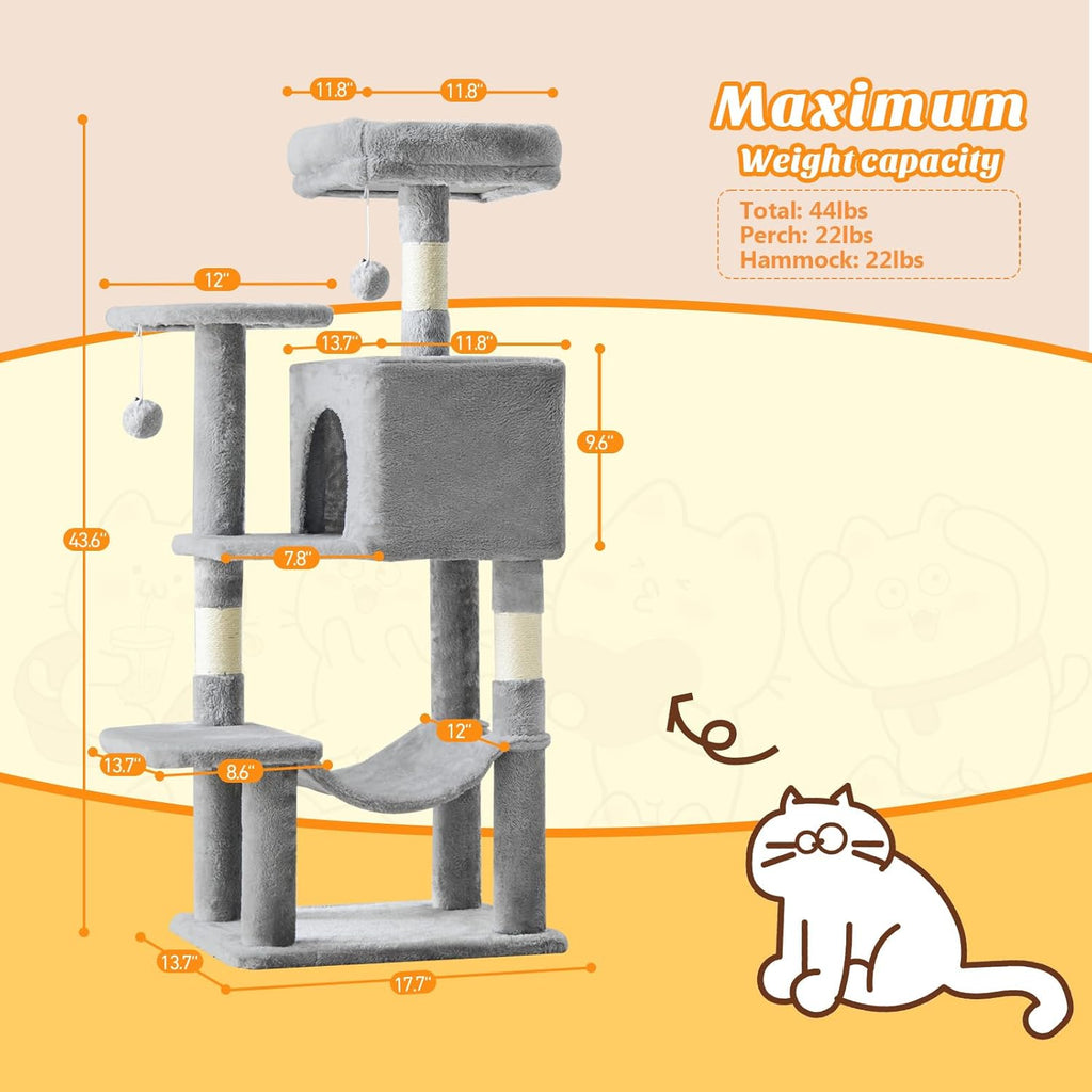 44 Inch Cat Tree Tower, Cat Climbing Tower with Natural Sisal Scratching Posts, Hammock
