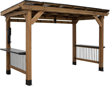 Saxony XL 12' x 6' Cedar Wood BBQ Grill Gazebo Pavilion with Hardtop Galvanized Steel Roof, Bar Tops, Powerport