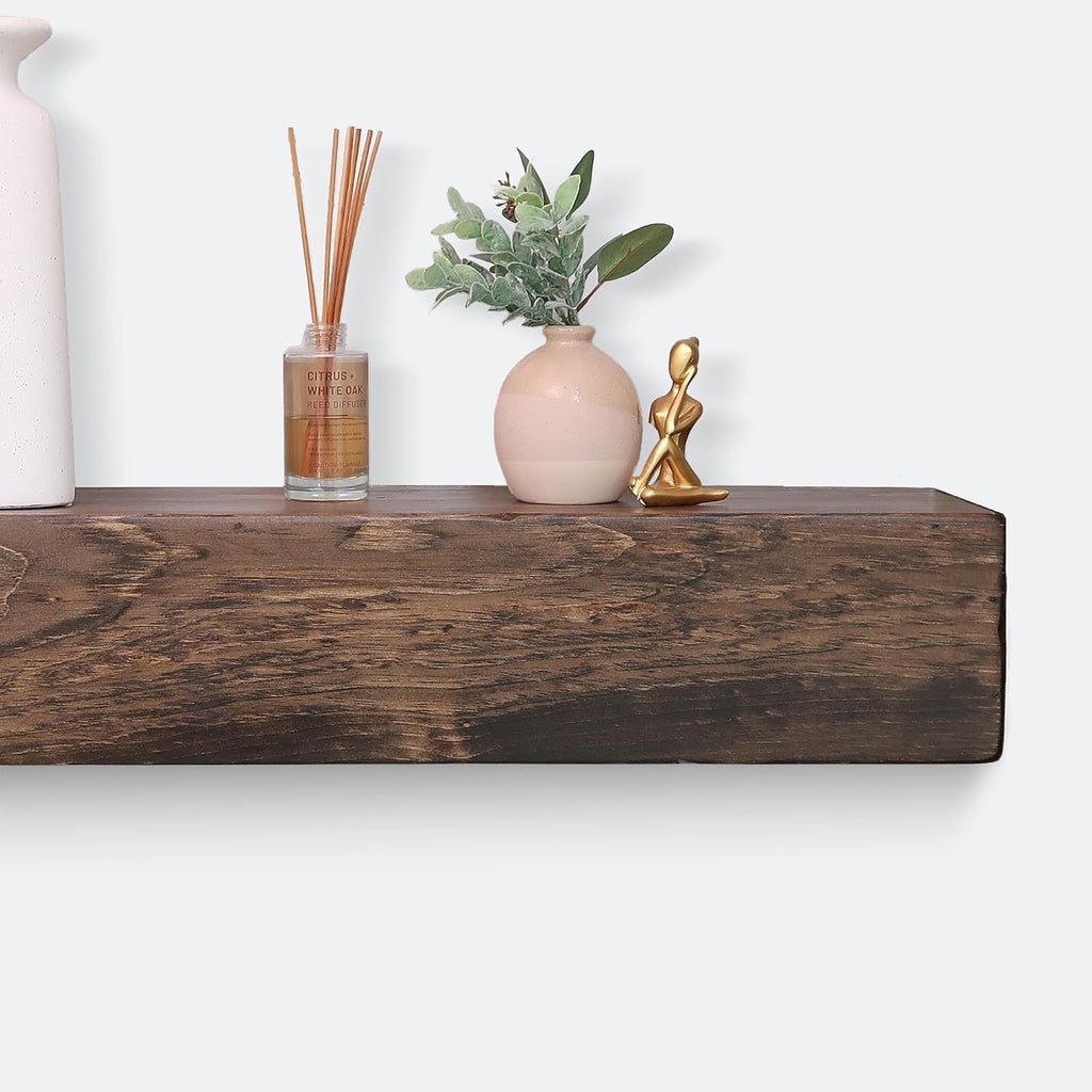Rustic, Shelf, Floating Mantle, Real Wood, Beam, (Dark Brown, 60Lx6Hx8D)