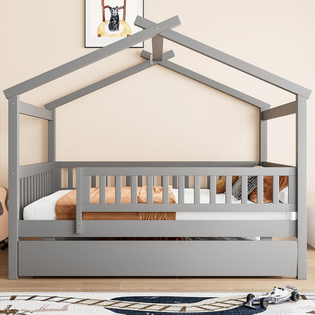 & Bright Designs House Bed with Trundle, Full Size Montessori Bed Frame with Fence Rails and Roof for Kids Girls &