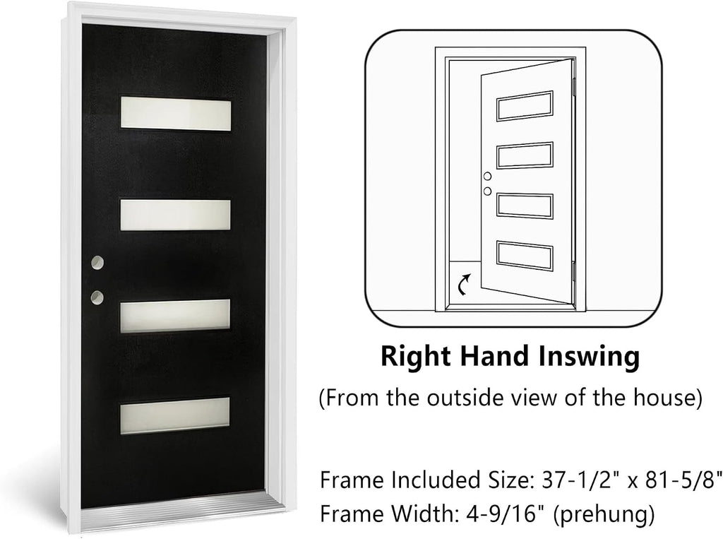 36" x 80" Fiberglass Front Entry Door, Frosted Glass, Wood Grain Black Finish, Solid Reinforced Core, Not Prehung