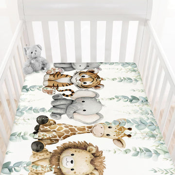 Safari Jungle African Animals Eucalyptus Leaf Fitted Standard Baby Crib Sheet, Giraffe Lion Tiger Elephant Zebra
