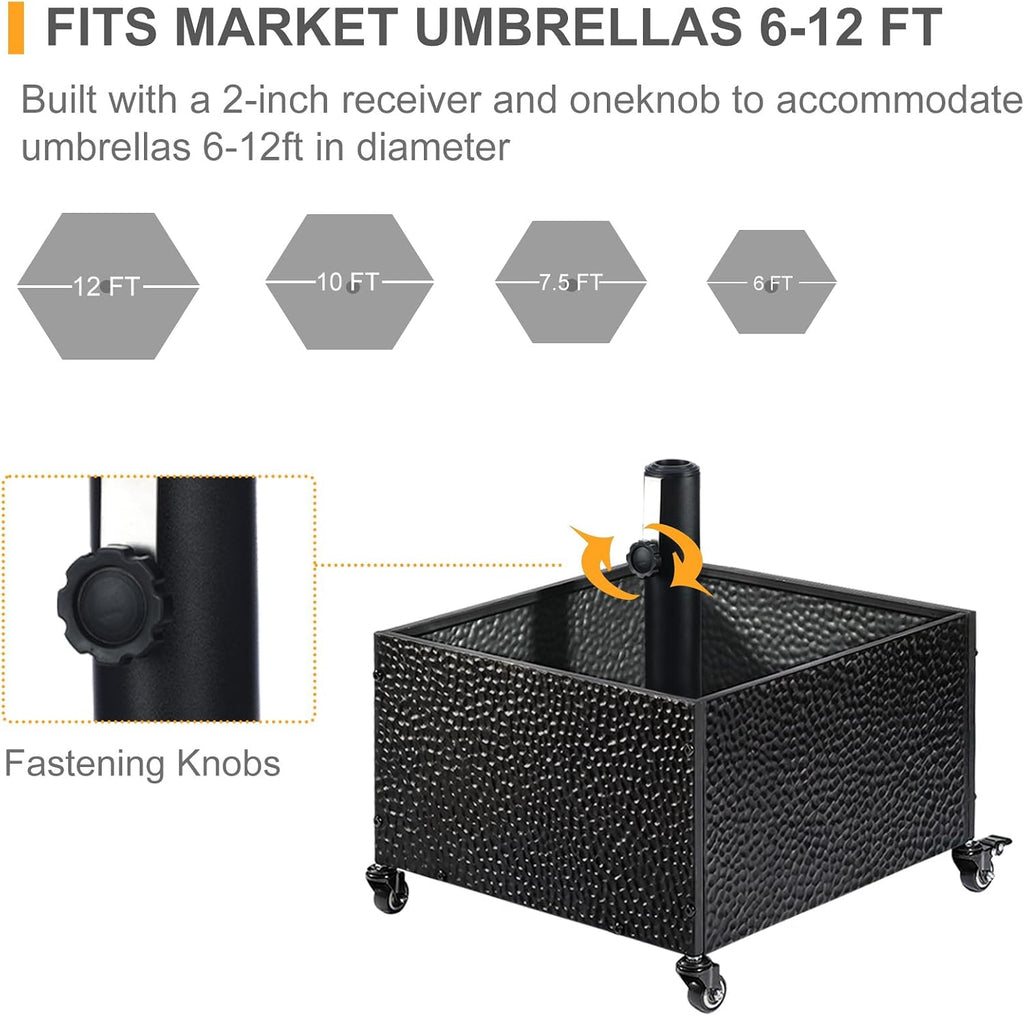 Heavy-Duty Metal Umbrella Base Stand with Wheels, 150lb Capacity Portable Fillable Planter - Black