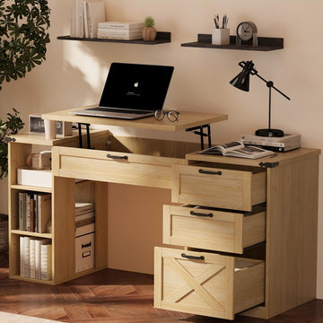 Farmhouse Lift Top Desk: Rustic Wood Standing Desk with 3 Drawers & Open Storage Shelves, Adjustable Height, White &