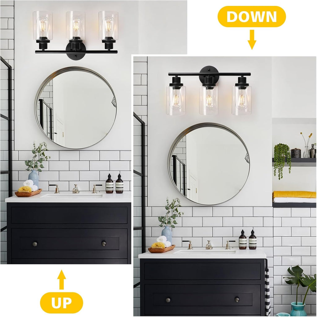 Modern Bathroom Light Fixtures, 3 Light Vanity Lights, Black Wall Lamp with Clear Glass , Mirror, Living Room