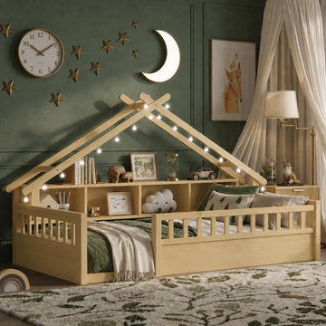 Twin Size Floor Bed with Storage Bookshelves and Light, Wooden Montessori House Bed Frame with Roof Shape, High