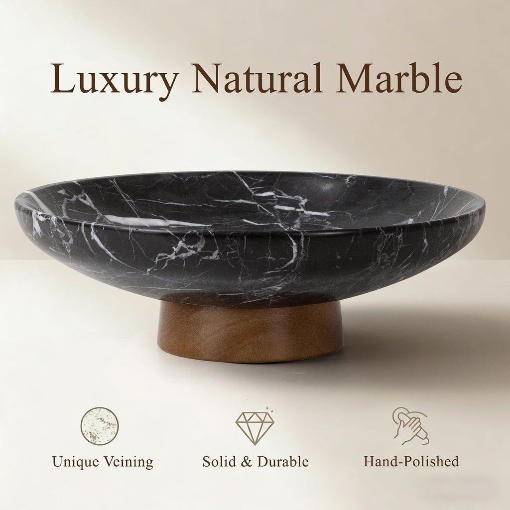 Marble Decorative Fruit Bowl Decor Entryway Pedestal Bowl - Black | 11" Handcrafted Natural Stone Dining Table