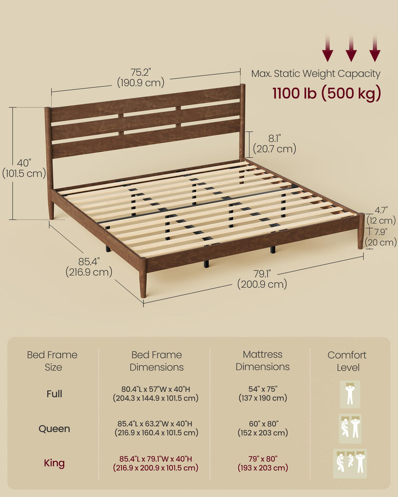 King Bed Frame, Wood Platform Bed with Headboard Storage Shelf
