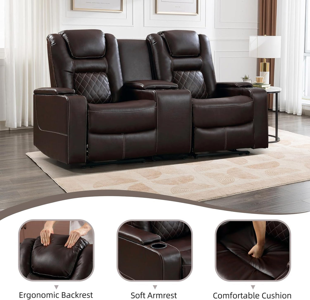 Home Theater Seats, Faux Leather Movie 3 Seat Recliner Sofa with Hidden Arm Storage