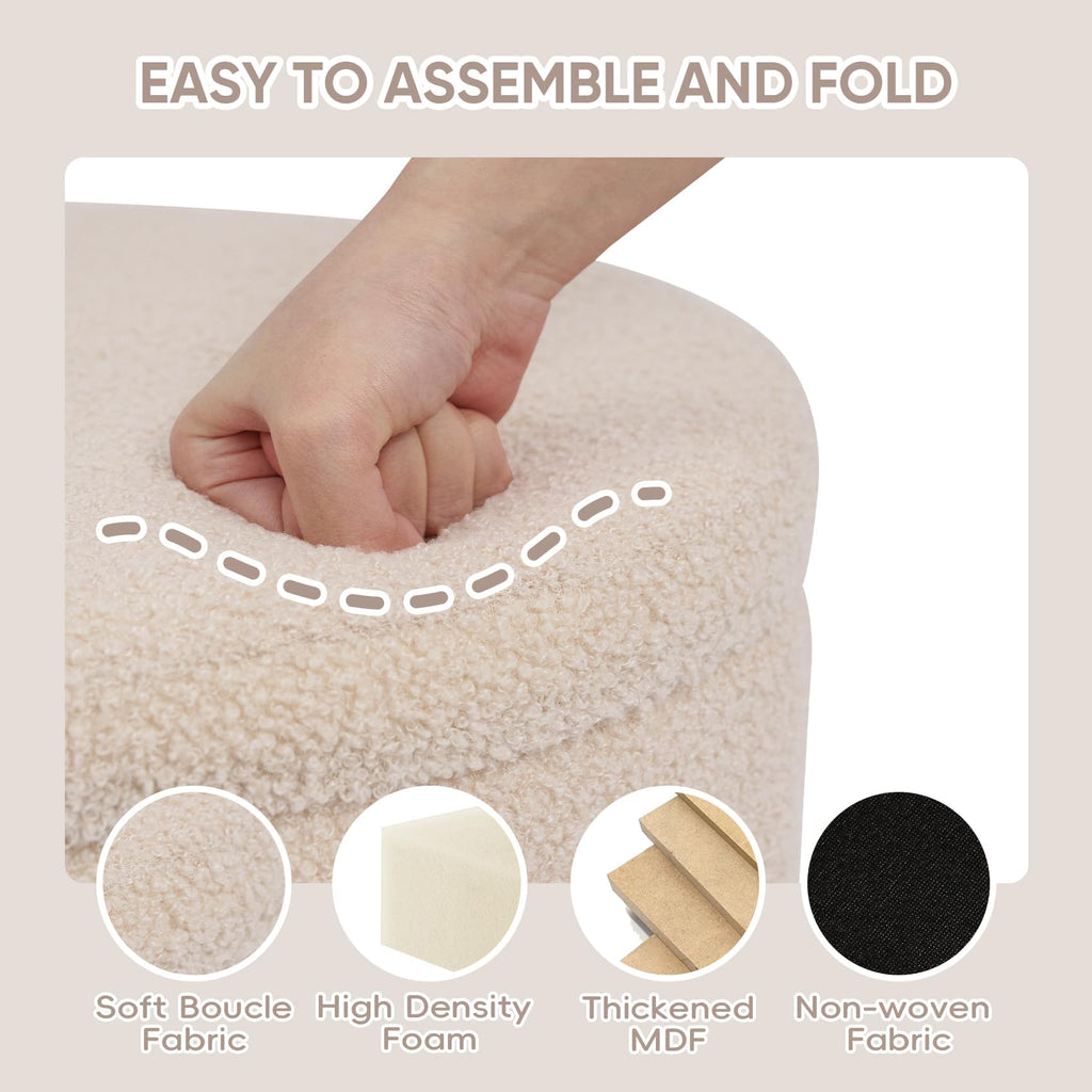 Round Folding Storage Ottoman, Beige Boucle Footstool