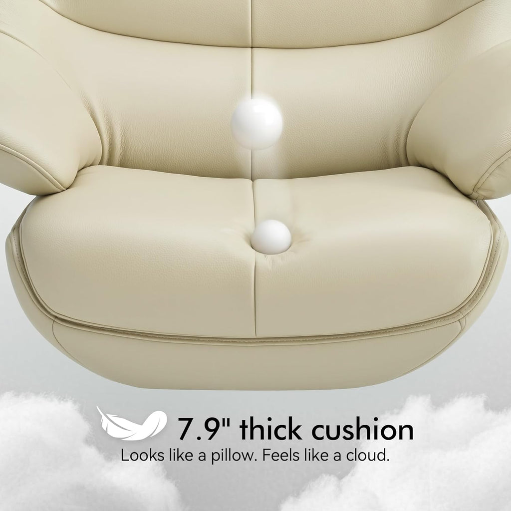 Modern Reclining Swivel Lounge Chair and Ottoman — White Genuine Leather