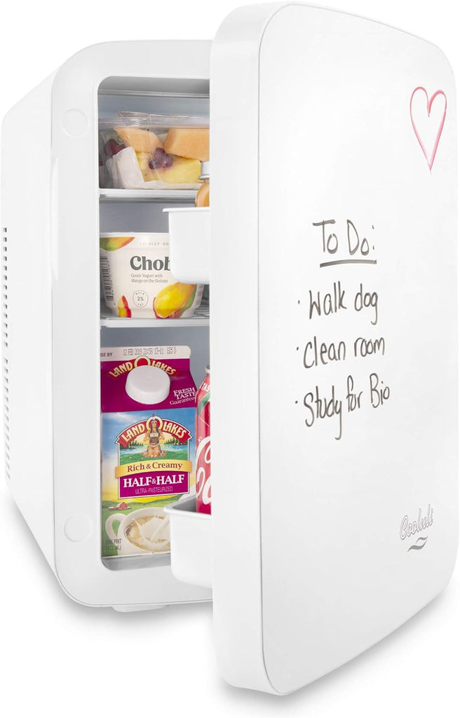 Vibe Mini Fridge for Bedroom - With Cool Front Magnetic Whiteboard - 15L Portable Small Refrigerator for Travel, Car &