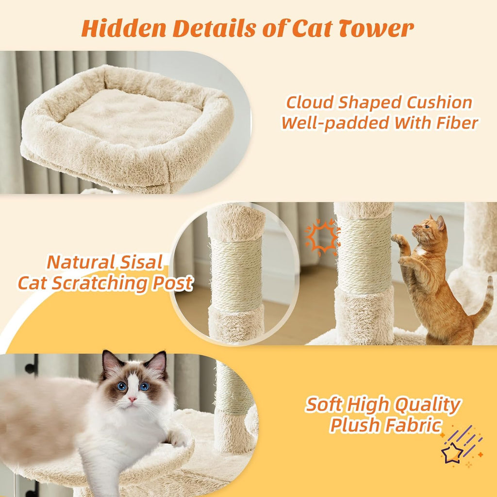 44 Inch Cat Tree Tower, Cat Climbing Tower with Natural Sisal Scratching Posts, Hammock