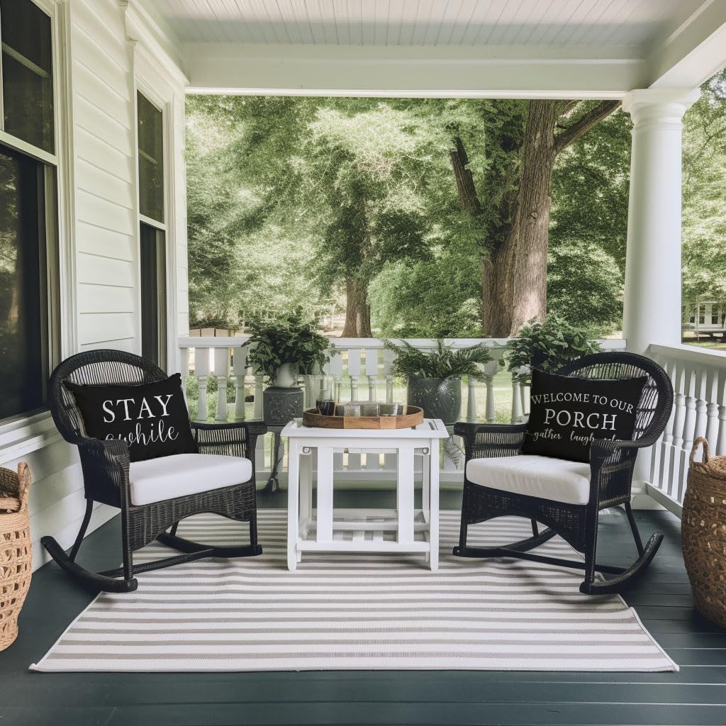 Welcome to Our Porch Stay Awhile Farmhouse Black and White Outdoor Lumbar Decorative Throw Pillow Covers 12x20 Inch