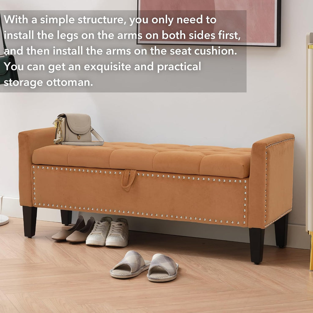 Velvet Ottoman with Storage, 46'' Upholstered Button Tufted End of Bed Bench with Arms, Modern Storage Bench , Orange