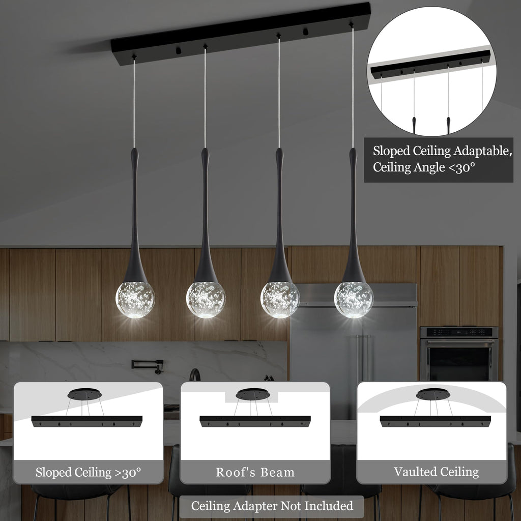 Modern Black Crystal Chandelier Island 4-Lights, Luxury Retangular Dimmable LED Bubble Raindrop Pendant Lighting