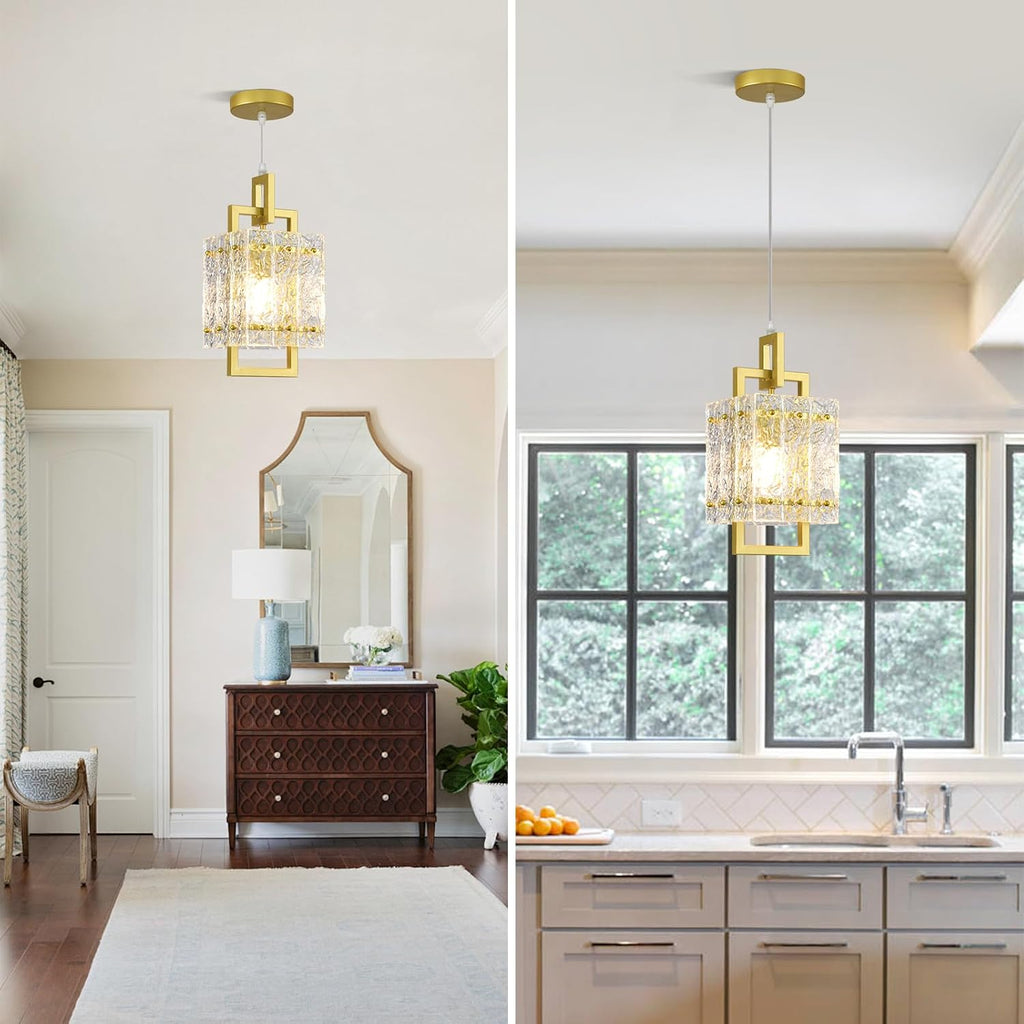 Gold Pendant Light Fixture - Modern Kitchen Island Water Ripple Glass Square Light - Adjustable Hanging Lighting for Kitchen Dining Room Over Island - 1 Pack