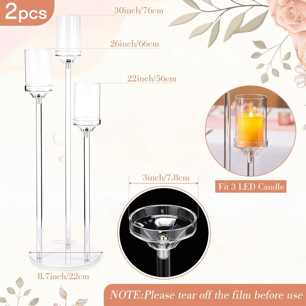 2 Pcs 3 Arms Acrylic Candelabras with Lampshade Set 30 Inch Wedding Table Candelabra Centerpieces Clear Candle Holder