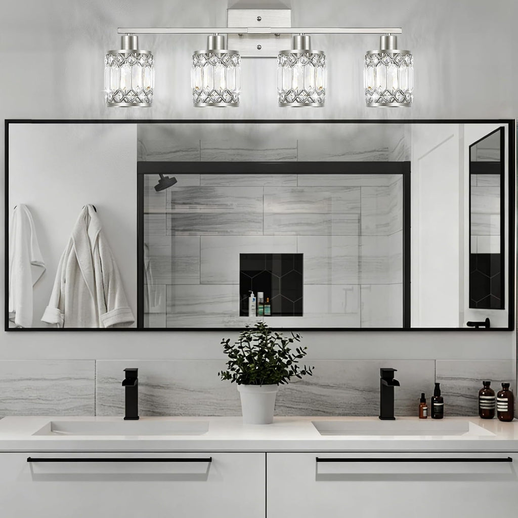 Crystal Modern Bathroom Light Fixtures, 4-Light Brushed Nickel Bathroom Vanity Wall Light, Vanity Lights for Mirror