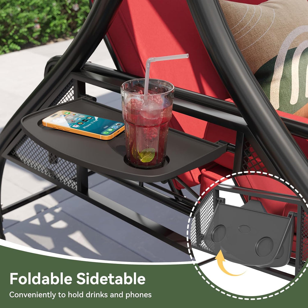 Outdoor Porch Swing with Stand and Canopy, 3 Seats Outdoor Swings for Adults, Convertible 2 in 1 Swing Bed with Cup