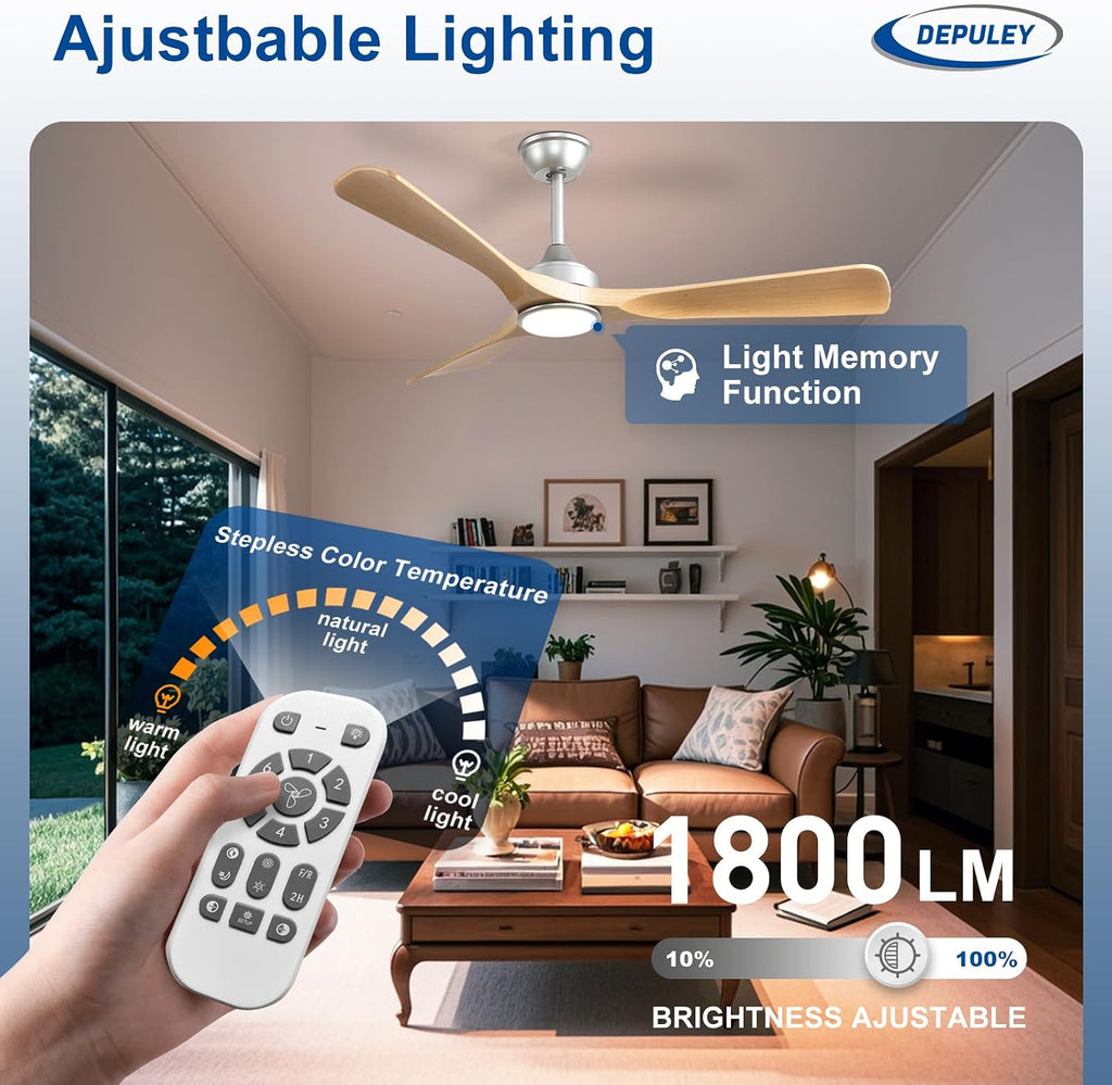 52-Inch Ceiling Fan with Light: Wood 3 Blade Outdoor Fans for Patios - Dimmable Indoor Fan with Remote APP Control Ultra Quiet DC Motor Reversible 6 Speed Timer