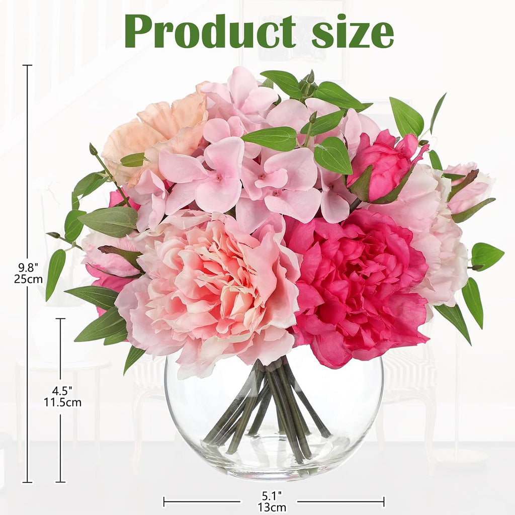 Artificial Flower in Vase, Faux Silk Flowers Arrangement Peony Hydrangea Poppy Eucalyptus Bouquet with Faux Water