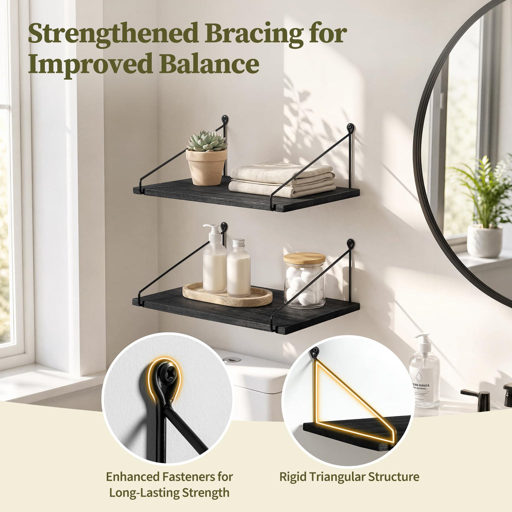 12 inch Deep Floating Shelves for Wall, Black Wide Shelf, Solid Wood