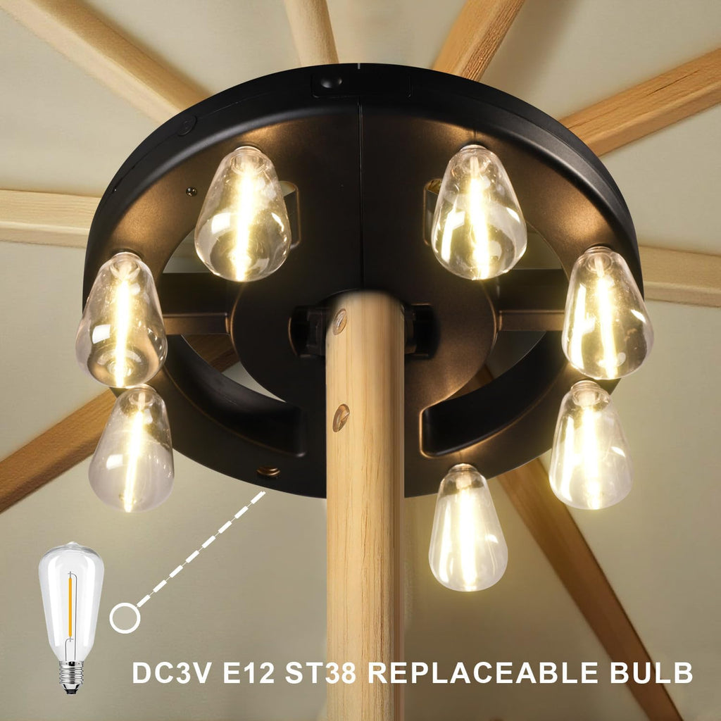 Patio Outdoor Umbrella Lights, Rechargeable Battery Cordless Umbrella Light with 8 Warm White Bulbs 3 Brightness Levels