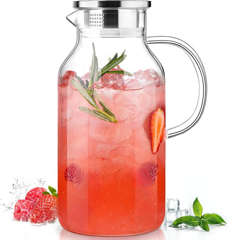 LUNA&MANTHA 1 Gallon Glass Pitcher with Lid and Spout, 128oz Water Pitcher with Handle for Fridge, Large Iced Tea Jug