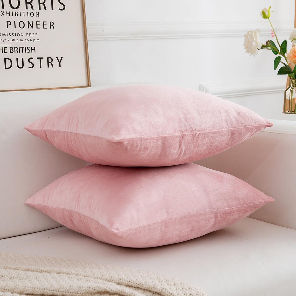 Velvet Decorative Throw Pillow Covers, Soft Square Cushion Case Home Decor, Set of 2 Pack, Pink, 18x18 Inch