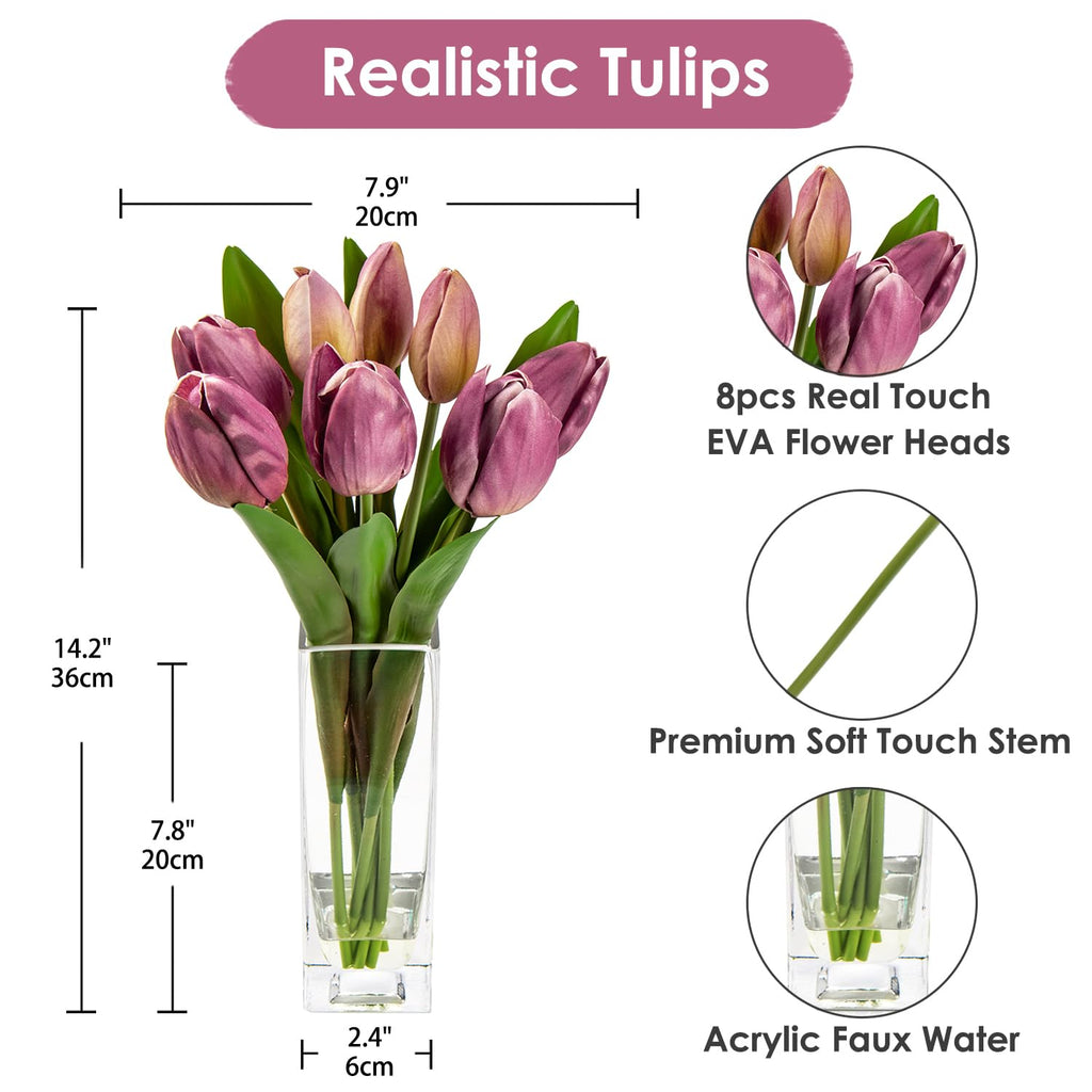 Fake Flowers Artificial Tulip Flower Purple in Clear Vase, Real Touch EVA Tulip Arrangement Suitable Fall Decoration