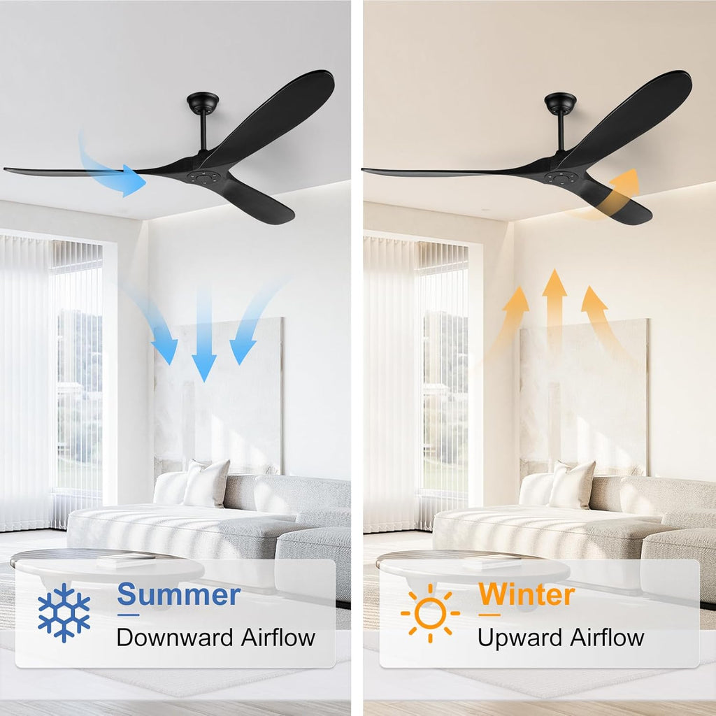 60 Inch Black Ceiling Fan No Light，Indoor Outdoor 3 Blade Wood Ceiling Fans Without Lights for Patios Bedroom Living