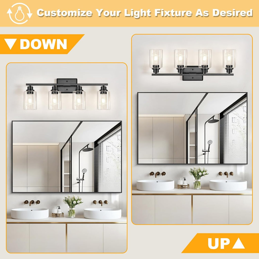 Modern Black Bathroom Light Fixtures, 4-Light Vanity Lights Over Mirror with E26 LED Bulbs Included, Wall Sconce with