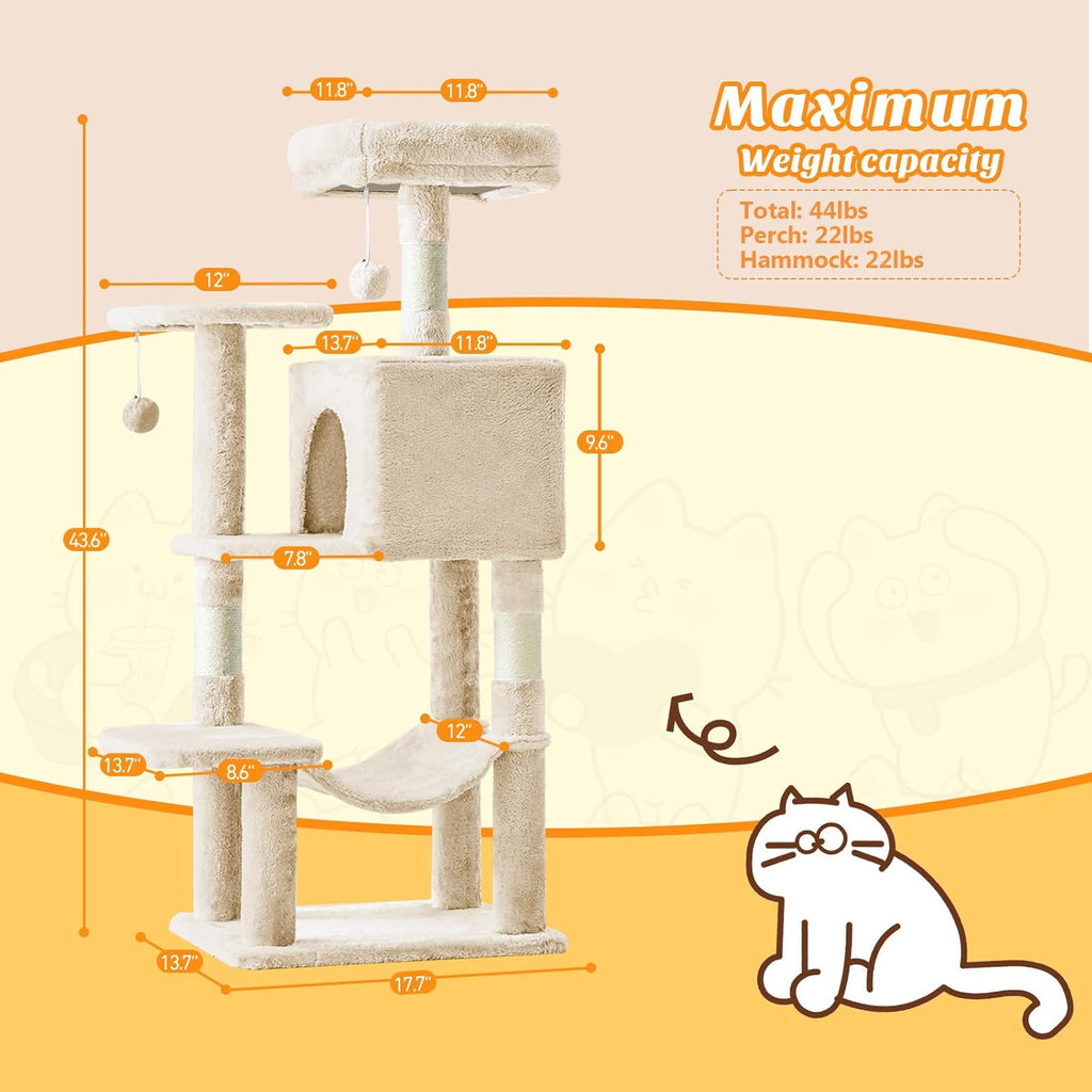 44 Inch Cat Tree Tower, Cat Climbing Tower with Natural Sisal Scratching Posts, Hammock