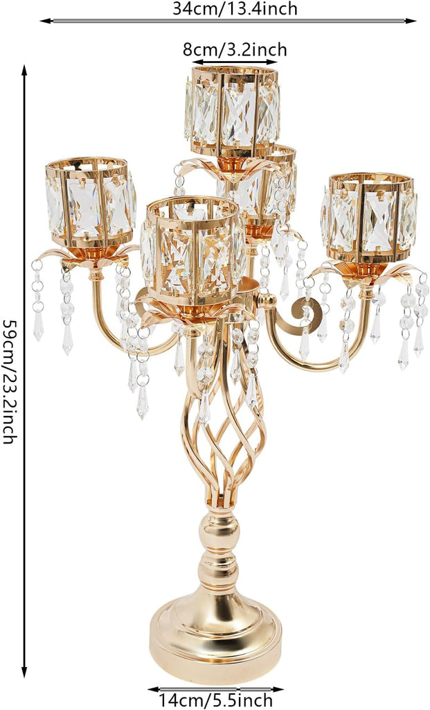 5-Arm Crystal Candelabra Centerpiece, 4PCS Gold Luxury Candle Holder | Fit 2.75 Inch LED Electronic Candles, for