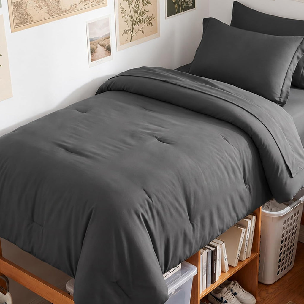 Full Comforter Set, 7-Piece Point-Quilted Bed in a Bag, Dark Grey