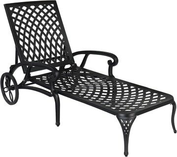 Cast Aluminum Outdoor Chaise Lounge Chair with Wheels, Patio Chaise Lounges with 3-Position Adjustable Backrest, Pool