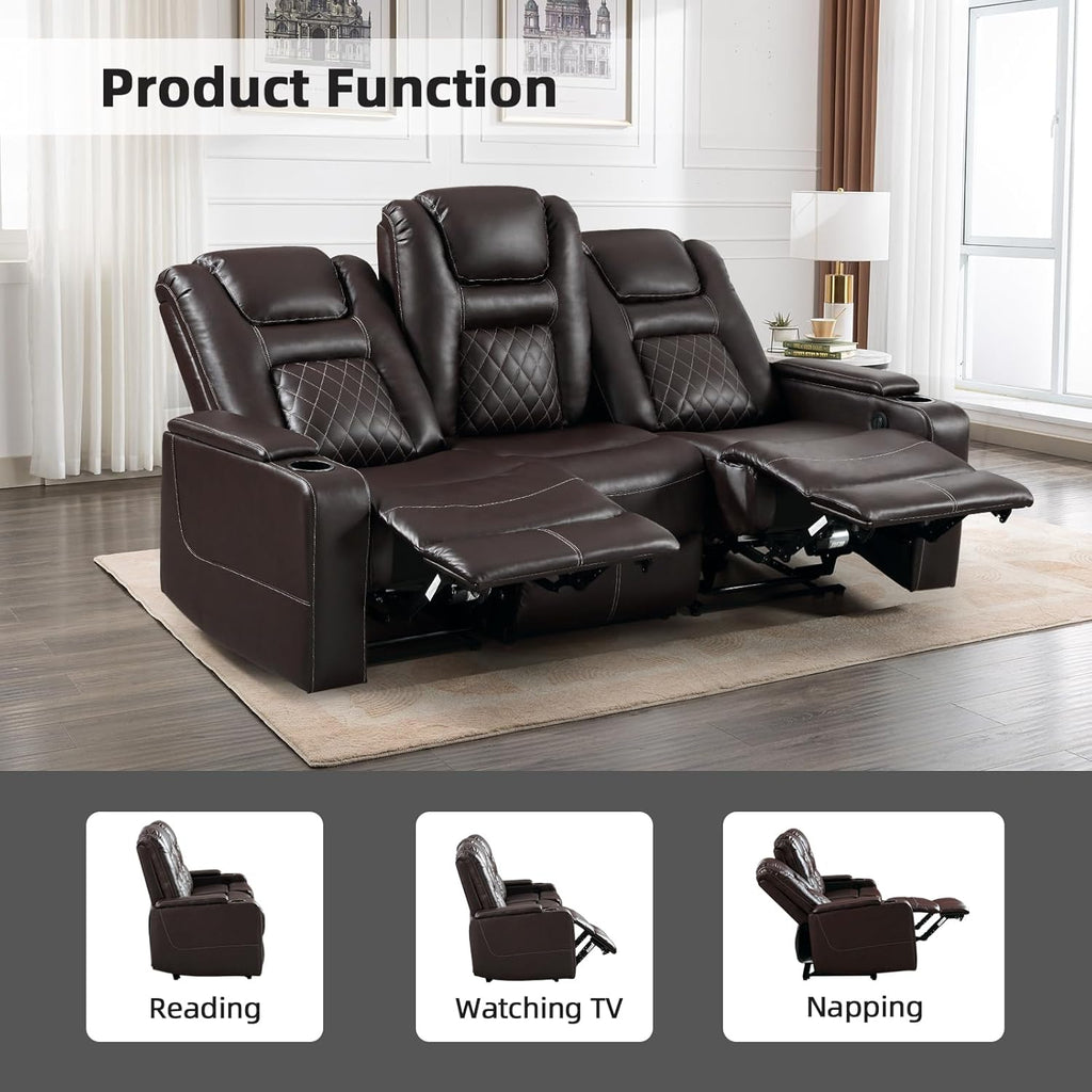 Home Theater Seats, Faux Leather Movie 3 Seat Recliner Sofa with Hidden Arm Storage